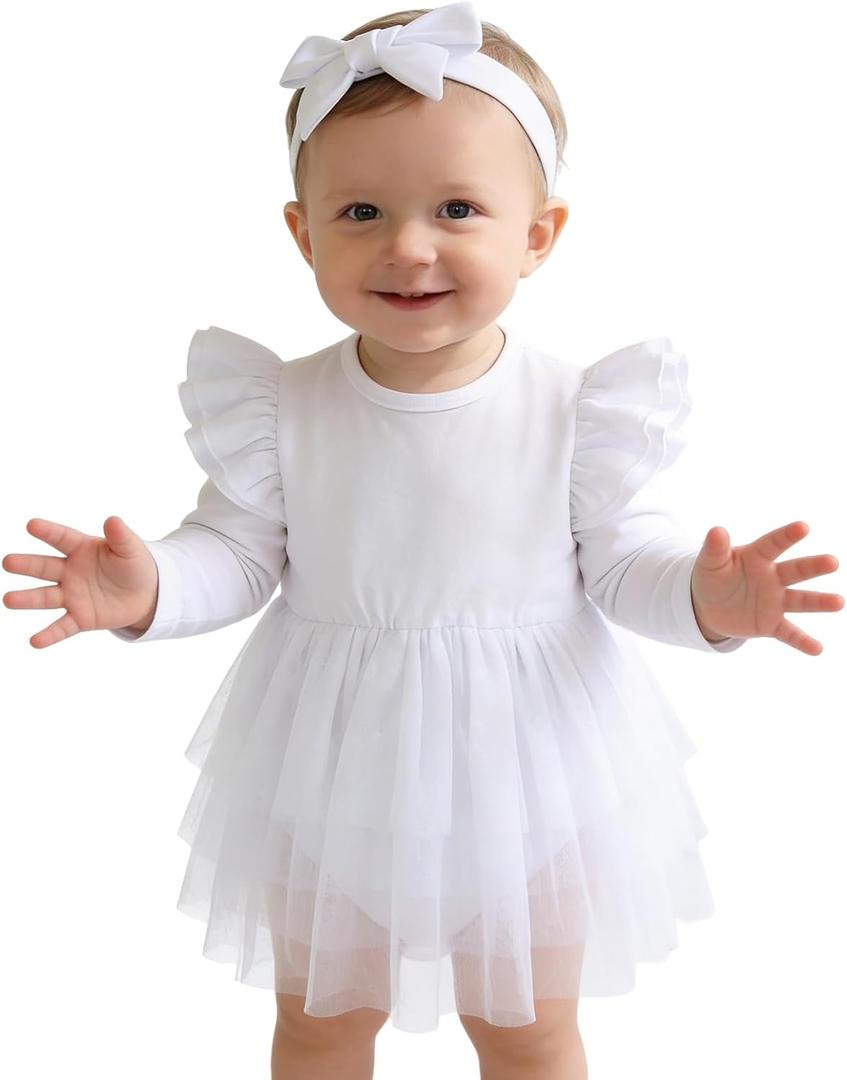 Baby Girl Ruffle Sleeve Romper Dress Outfit Newborn Princess Tulle Dresses Infant Jumpsuit Tutu Skirt Set Clothes (9-12 Months, White-long Sleeve)