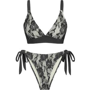 seamoly 2 Pieces Lace Bikini V-Neck Swimsuits for Women Tie Side Bikini Set Classic Black (S)