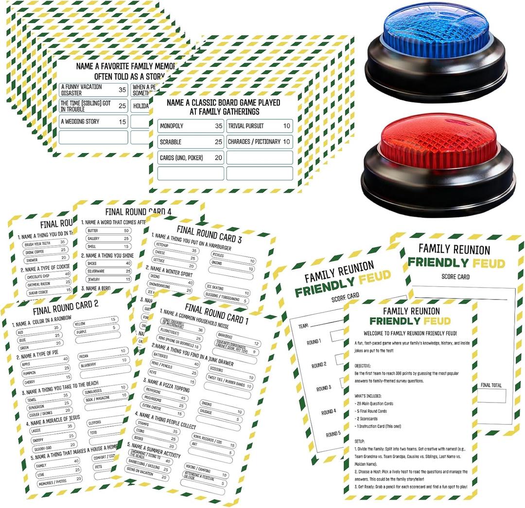 Family Friendly Feud Card Game with 2 Answer Buzzers,Family Reunion Game Night Fun Trivia Quiz for Holiday Gathering Party Office Class Groups Team Building