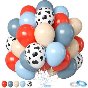 Red Blue Cow Balloons, 50Pcs 12 Inch Red Dusty Blue Sand White Farm Balloons for Kids Girl Boy Farm Theme Birthday Western Cowboy Party Baby Shower Decorations