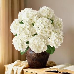2 Bunchs 21in.White Real Touch Hydrangea Artificial Flowers,with 10pcs Flower Heads 20pcs Green Leaves. Faux Hydrangea Flowers. for Home Office Decor Wedding Party Arrangements (2, White)