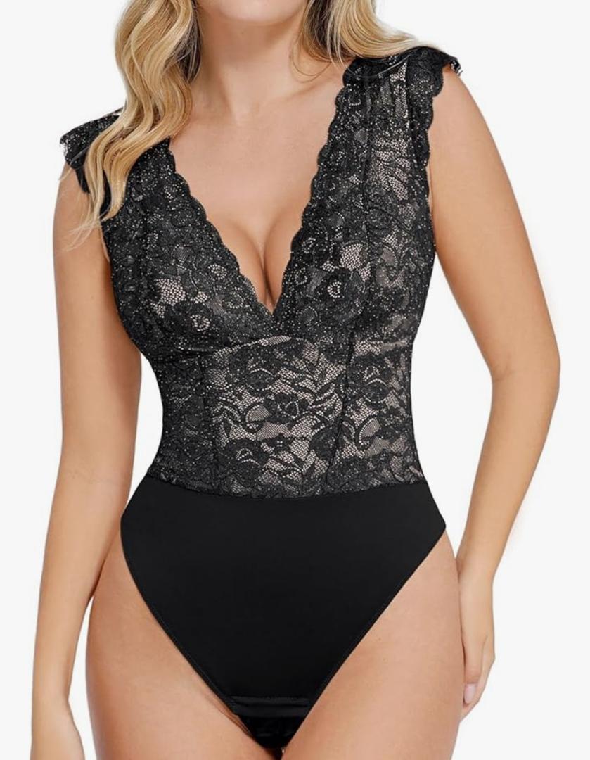 Popilush Lace Body Suits Women - Tank Top Thong Shapewear Tummy Control Going Out Tops Deep V Neck BodySuit Size M