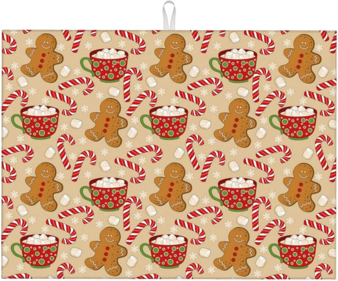 Christmas Dish Drying Mat for Kitchen Counter 18"x24", Gingerbread Man Candy Cane Coffee Mat Dishes Drying Pad Absorbent Drainer Mat Kitchen Countertop Protector Easy Clean