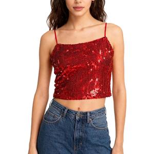 Sequin Cami Top Square Neck Sparkly Tank Top Sleeveless Party Camisole Shirts (XL)