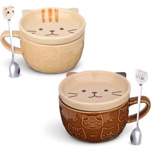 Cute Kawaii Cat Coffee Mugs with Lids,Christmas Birthday Gifts For Women Friends Kids,Funny Novelty Tea Cups,2Set (Brown and yellow)