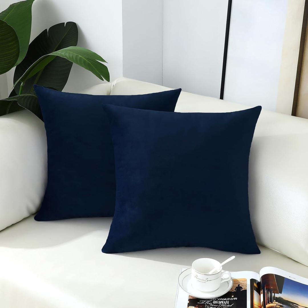 mixeoo Comfy Dark Blue Throw Pillow Covers Decorative Square Velvet Super Soft Navy Cushion Couch Cases Decor, Set of 2, 16 x 16 Inch