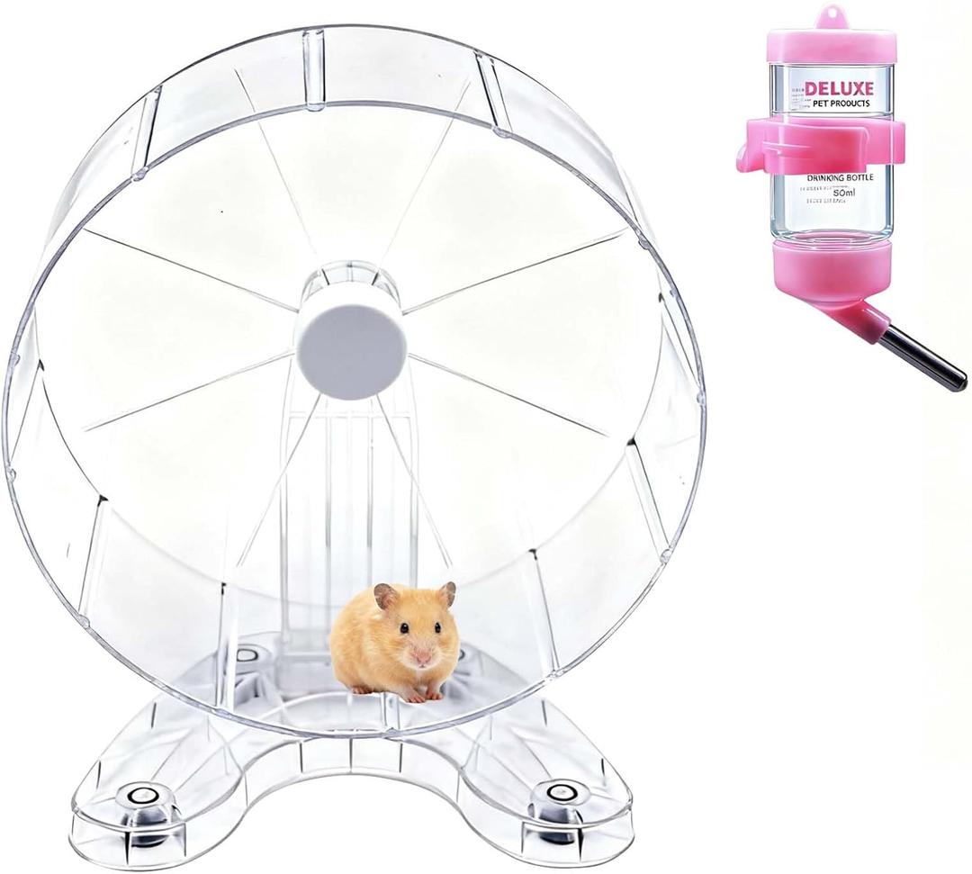 8.7" Super Silent Hamster Wheel with Stand & Water Bottle  Ultra Quiet Exercise Running Wheel for Gerbils, Syrian & Dwarf Hamsters, Chinchillas, Small Pets  Noiseless Spinning Design, Clear