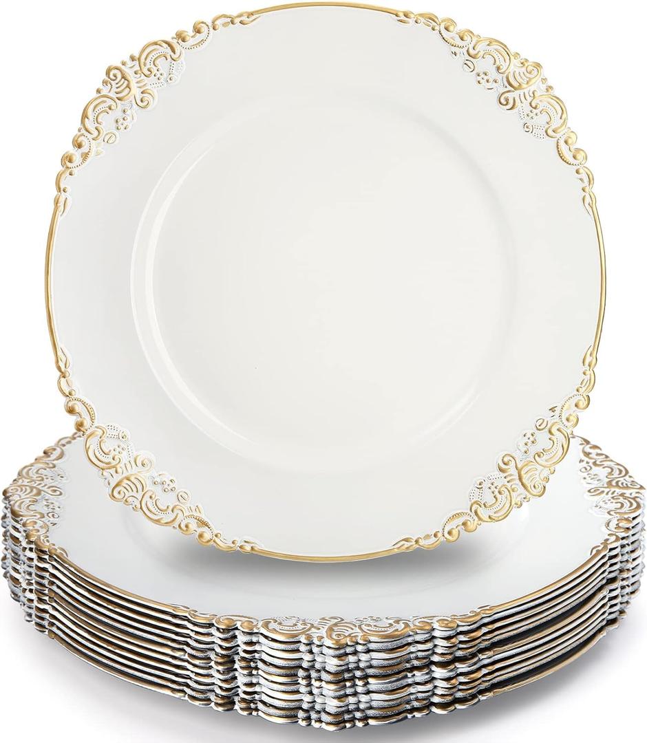 Okllen 12 Pack Plastic Round Charger Plates, 13" Dinner Charger Dessert Plates with Gold Rim, Vintage Charger Serving Plates for Catering, Wedding, Tabletop Decor, White, Floral Trim