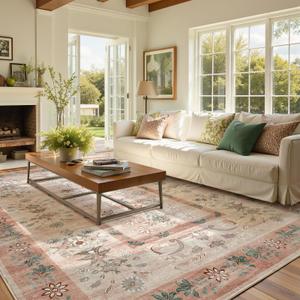 jinchan 8x10 Washable Living Room Area Rug, Vintage Floral, Dusty Pink