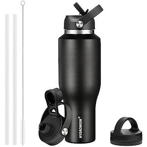 HYDROWION 40 oz Insulated Water Bottle with Straw fit in Car Cup Holder(Cold 48 hrs, Hot 24 hrs) Drinking Bottle with Straw Lid, Spout Lid and Flex Cap Leakproof Travel Thermo Mug，Black