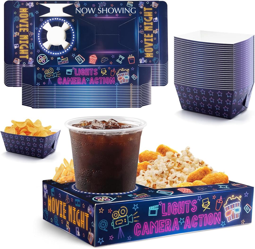 48Pcs Neon Glow Party Supplies Movie Night Paper Snack Trays Glow Party Decorations Movie Night Party Vintage Birthday Party Favors Family Movie Popcorn&Drink&Candy Box