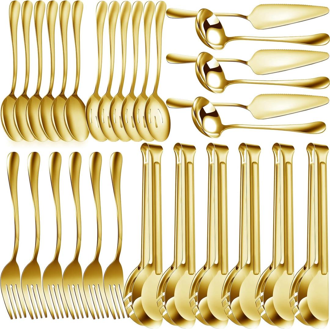 Thenshop 30 Pcs Stainless Steel Serving Utensils Set Flatware Set Include Large Serving Spoons Slotted Spoons Forks Soup Ladle Pie Server and Tongs for Buffet Party(Gold)