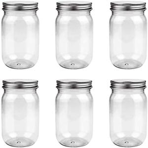 FIREBOOMOON 6 Pack 16 Ounce Clear Plastic Mason Jars Containers With Screw Sealing Metal Tinplate Lids,Refillable Empty PET Plastic Slime Candy Storage Jars Containers for Home Kitchen Art Craft
