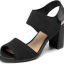 mysoft Women's Chunky Block High Heels Elastic Knit Open Toe Slingback Heeled Sandals (8.5 Wide, Black Hook & Loop)
