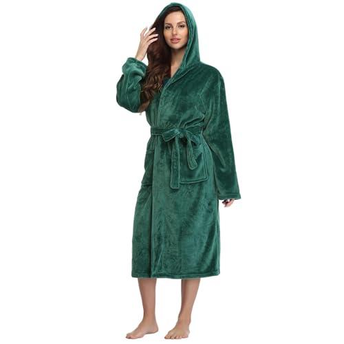 RONGTAI Womens Robes Plush Fleece Emerald Green Hooded Bathrobe Thick Nightgown with Pockets Fluffy Sleepwear X-Large