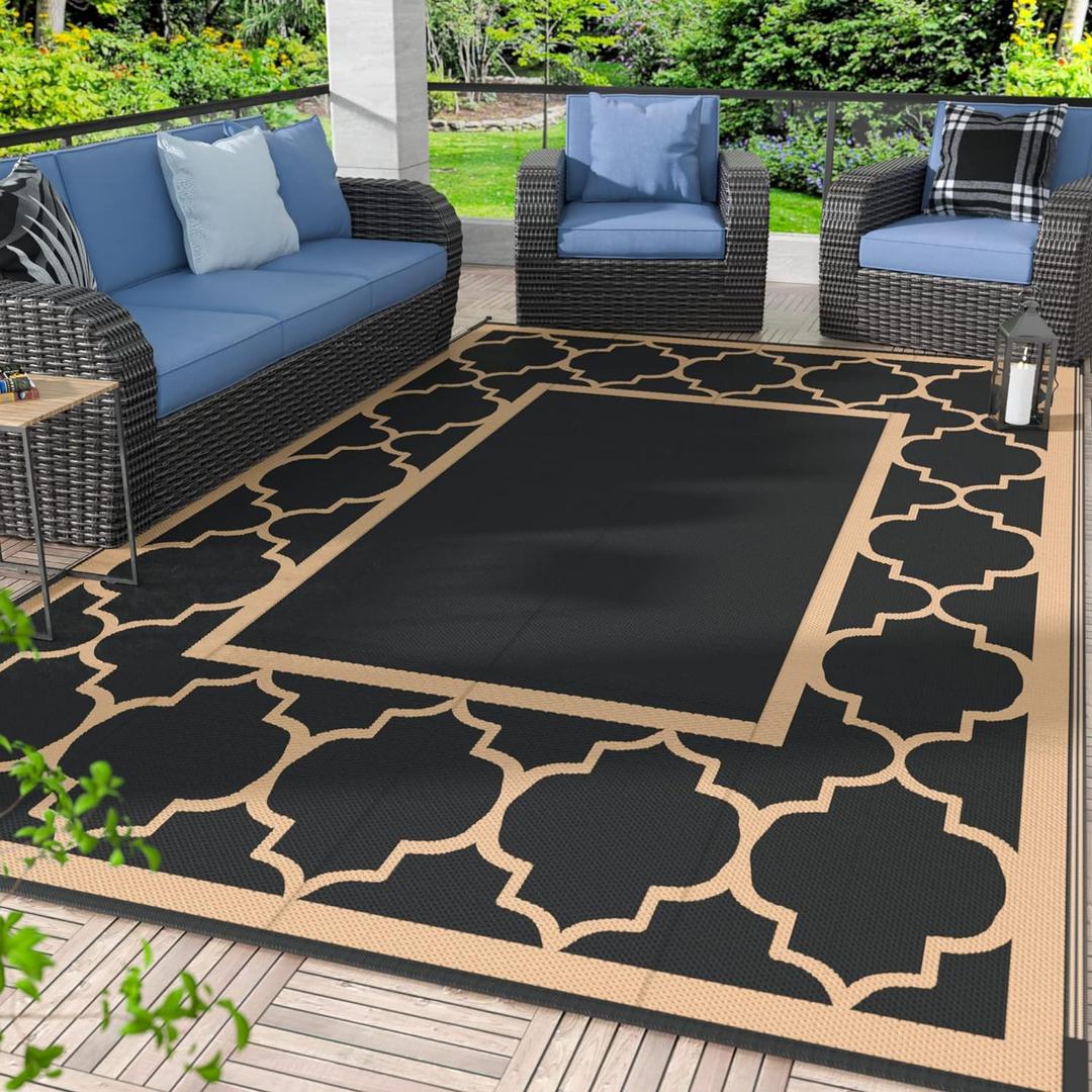 GENIMO Outdoor Rug 9' x 12' Patio Waterproof, Foldable Reversible Plastic Straw Area Rugs Mat for Camper Decor, Outside Carpet for Rv, Deck, Porch, Picnic, Beach, Balcony, Black & Brown