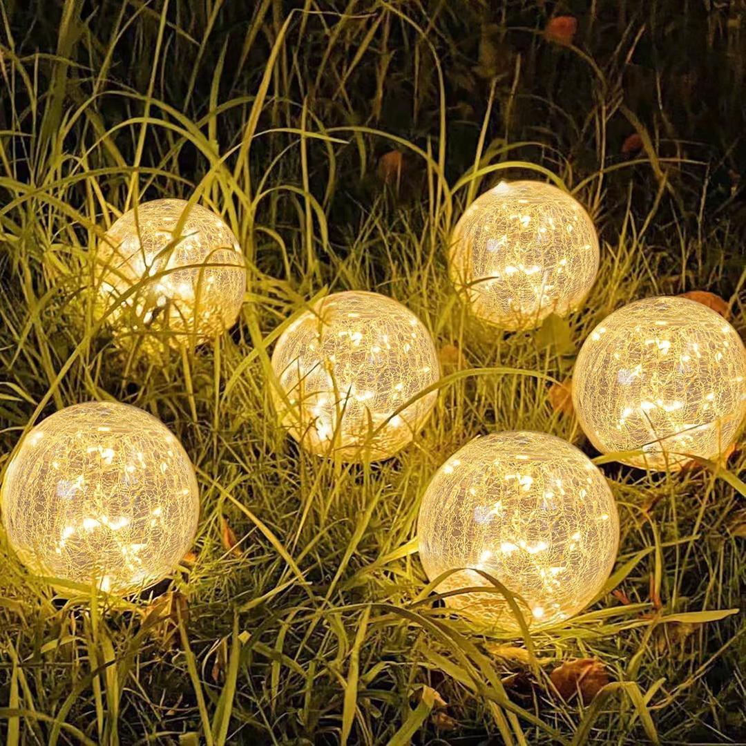 Solar Garden Lights Outdoor Waterproof, 6 Pack LEDs Cracked Glass Ball Light, Ground Landscape Garden Decor, Solar Globe Decorative for Pathway/ Patio/ Lawn/ Yard, 3.9" (Warm White)