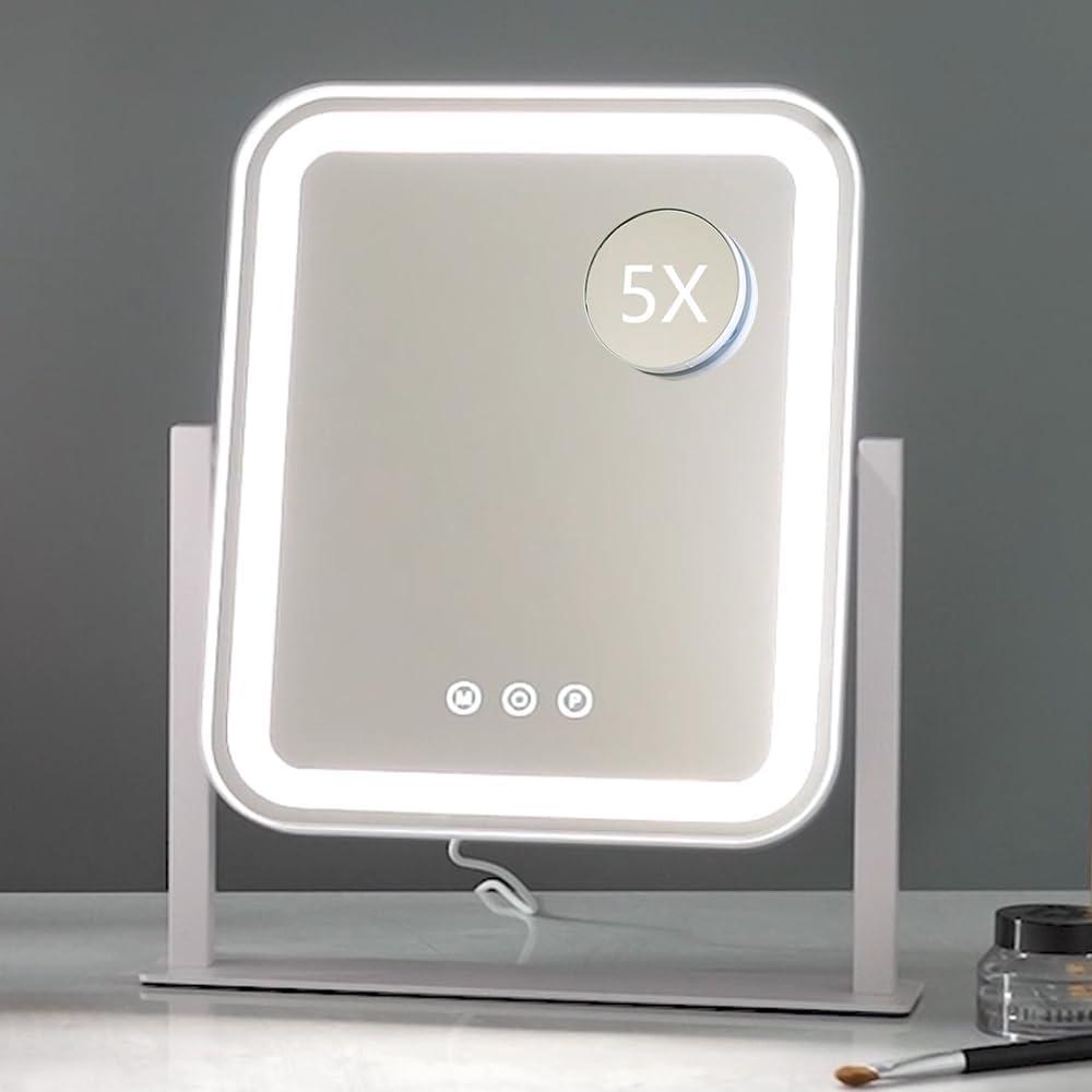 HIEEY Vanity Mirror with Lights, 14.1" x 12" Makeup Mirror with Lights, Three Color Lighting Modes, and 5X Magnification Mirror, Smart Touch Control, 360Rotation (White,Gift Box)