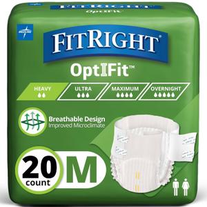 FitRight Adult Diapers, Extra Heavy Absorbency, M (Waist Size 32in-44in), 20 Count, OptiFit Incontinence Briefs for Men and Women, Disposable, Moisture Wicking, Leak Protection,