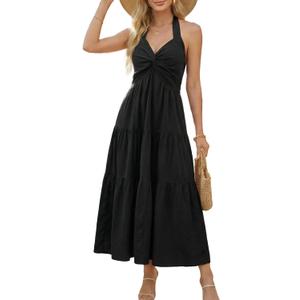 Florboom Women's Casual Sleeveless Halter Sundress Long Dress Date Night Trendy Party Dresses with Pockets (Black, M)