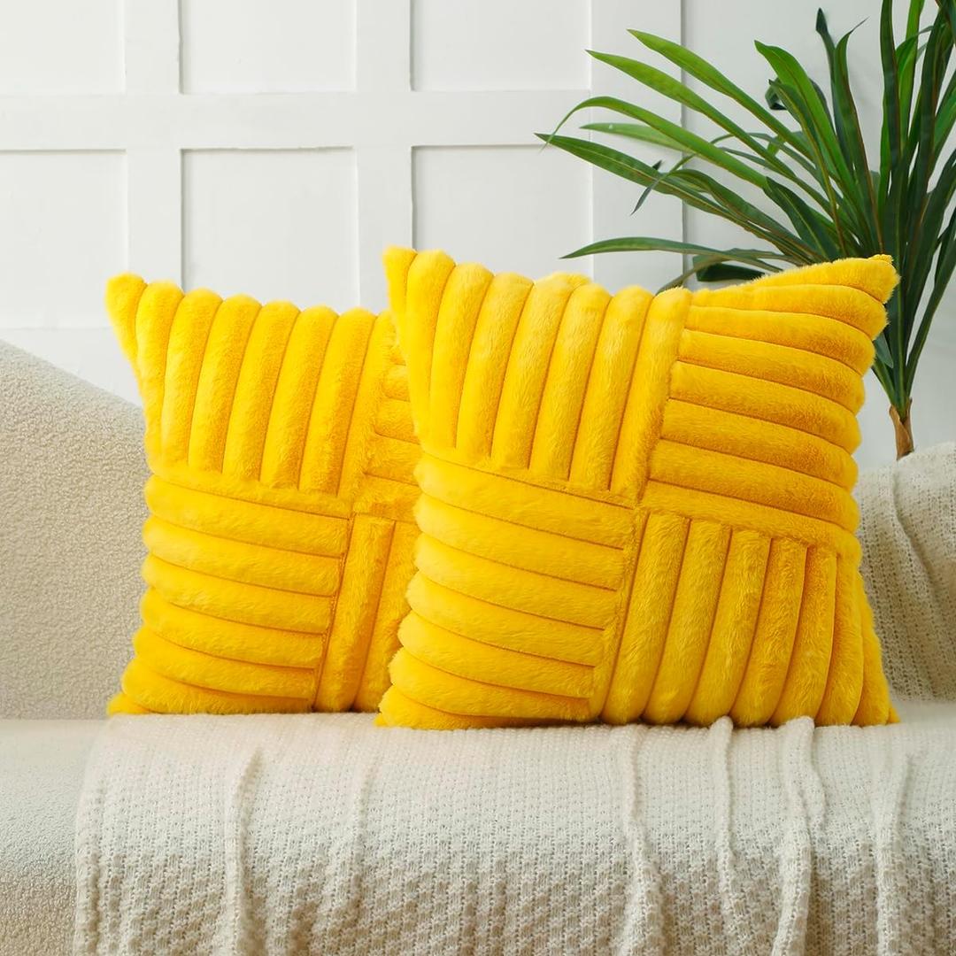 All Smiles Throw Pillow Covers 20x20 Set of 2 Faux Fur Soft Fluffy Velvet Cushion Case Autumn Thanksgiving Decoration Farmhouse Home Decor for Couch Bed Sofa Living Room,Mustard Yellow