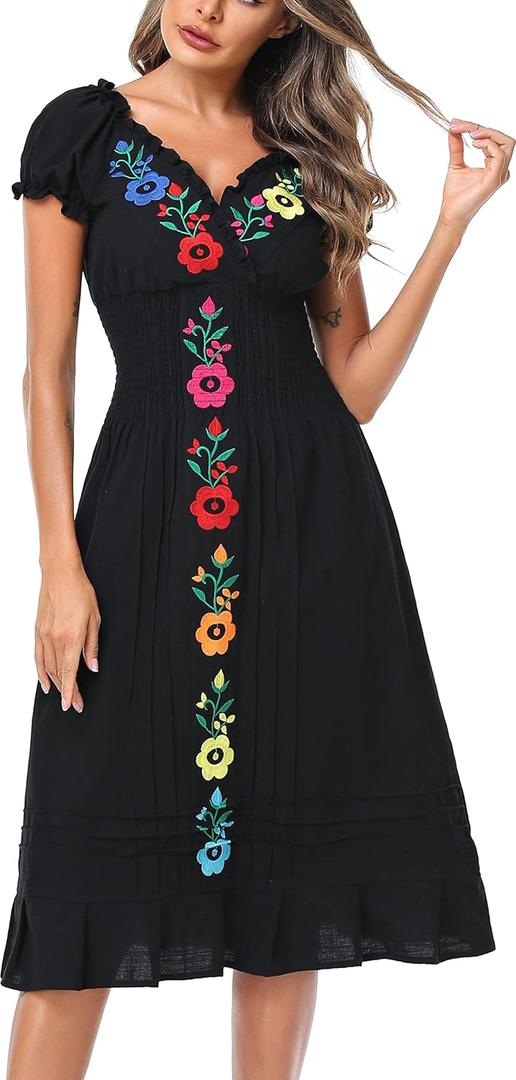 YZXDORWJ Women Mexican Embroidered Casual Dress Summer Ruffle V Neck Short Sleeves (Black, XL)