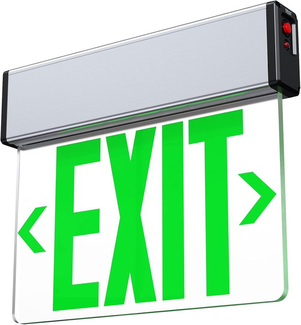 Green LED Edge Lit Exit Sign Brushed Aluminum Housing, UL Listed Emergency Exit Signs Single Sided Clear Acrylic with Battery Backup, AC 120-347V Hardwired Exit Lights, Top/ Side/ Wall Mount