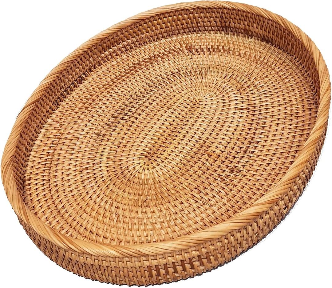 i-lan 20 Inch Oval Rattan Serving Tray 2.4 Inch Wall for Coffee Table Decor