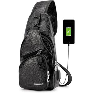 Peicees Leather Sling Bag Mens Crossbody Bag Chest Bag Sling Backpack for Men with USB Charge Port (Medium, Z/Crocodile Grained Leather/Black)