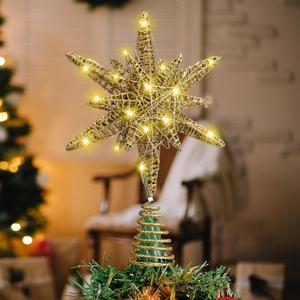 Retisee Christmas 3D Gold Star Lighted Tree Topper 18-Point Glitter Golden Treetop Decorations 11 Inch Gold Star Tree Topper with 20 Warm White Lights Xmas Vintage/Modern Decorations for Holiday