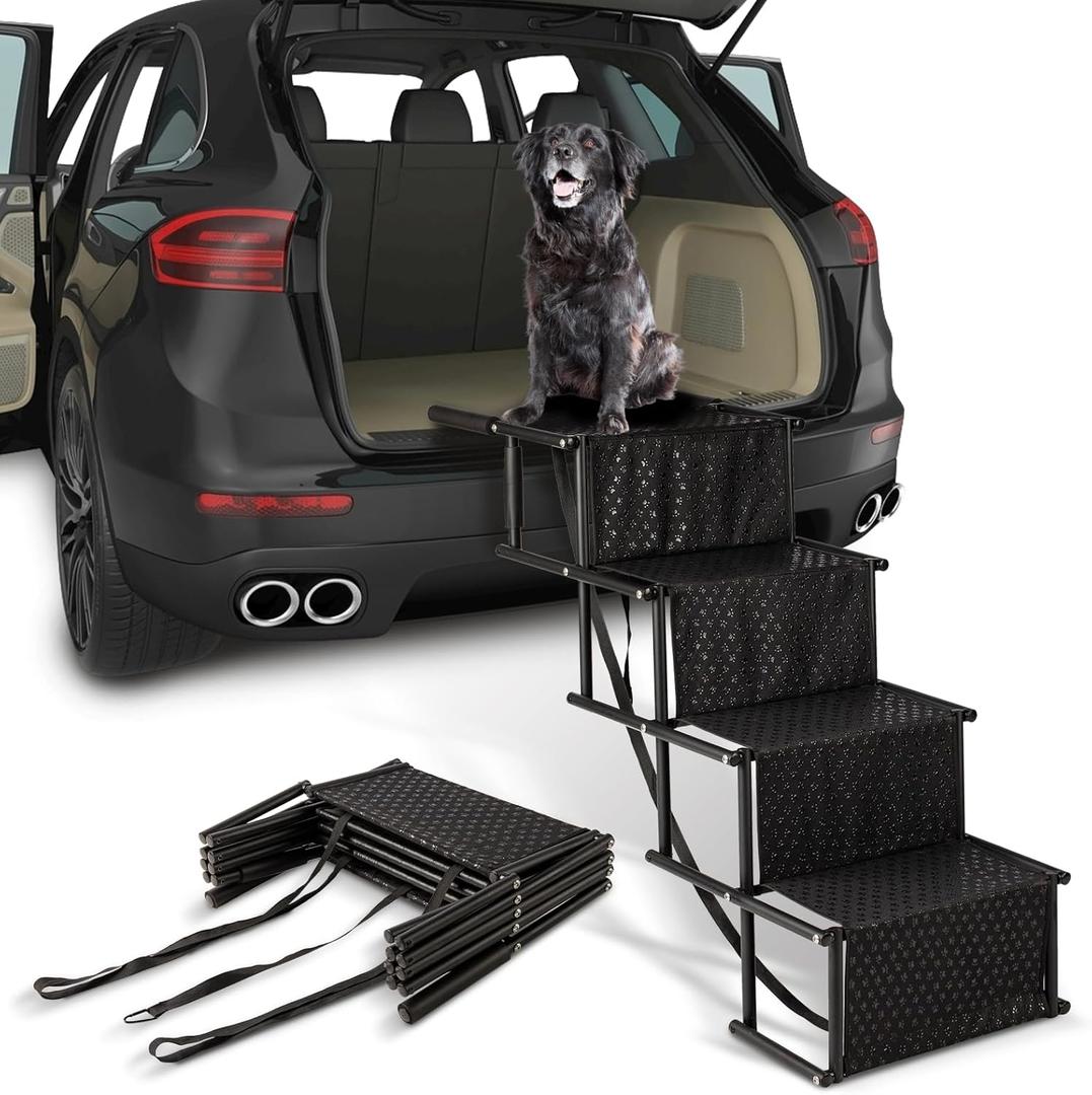Dog Stairs for Car, Foldable Ramps for Dogs with Non-Slip Surface for Large Dogs Portable Dog Steps for Cars and SUV, Truck to 200 lbs, 4 Steps