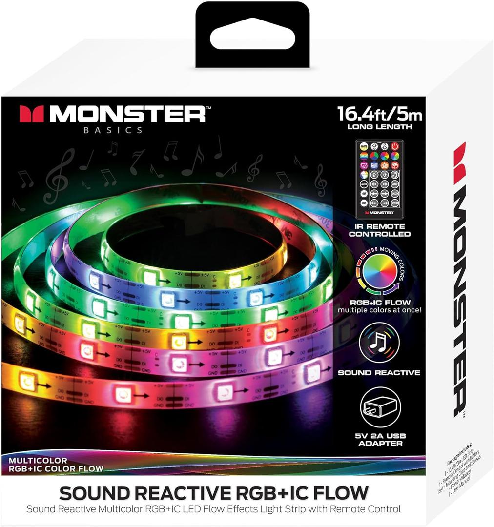 Monster 16.5ft Music Sync and Multi-Color Color Flow LED Light Strip with Fun Modes, Indoor Use, Xtreme Easy Use