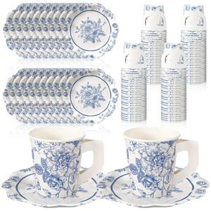 FoldTier 100 Pcs Tea Party Plates and Cups Blue Floral Party Supplies Paper Tea Cups and Saucers Disposable Tableware Sets for Chinoiserie Wedding Baby Shower Birthday Decor Serves 50 Guests