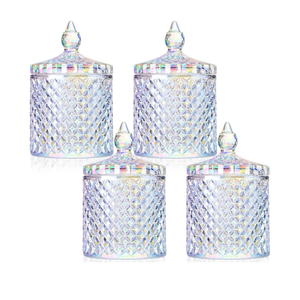 Aoriher 4 Pcs Crystal Glass Candy Jar Set with Lids Home Decorative Storage Jars for Apothecary, Bathroom, Kitchen, and Pantry, Ideal for Cotton Swabs and Jewelry(Medium,Rainbow)