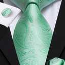 Dubulle Mens Paisley Striped Tie WOVEN Necktie for Men and Handkerchief Cufflinks Set Wedding Formal Business (B Mint Green)