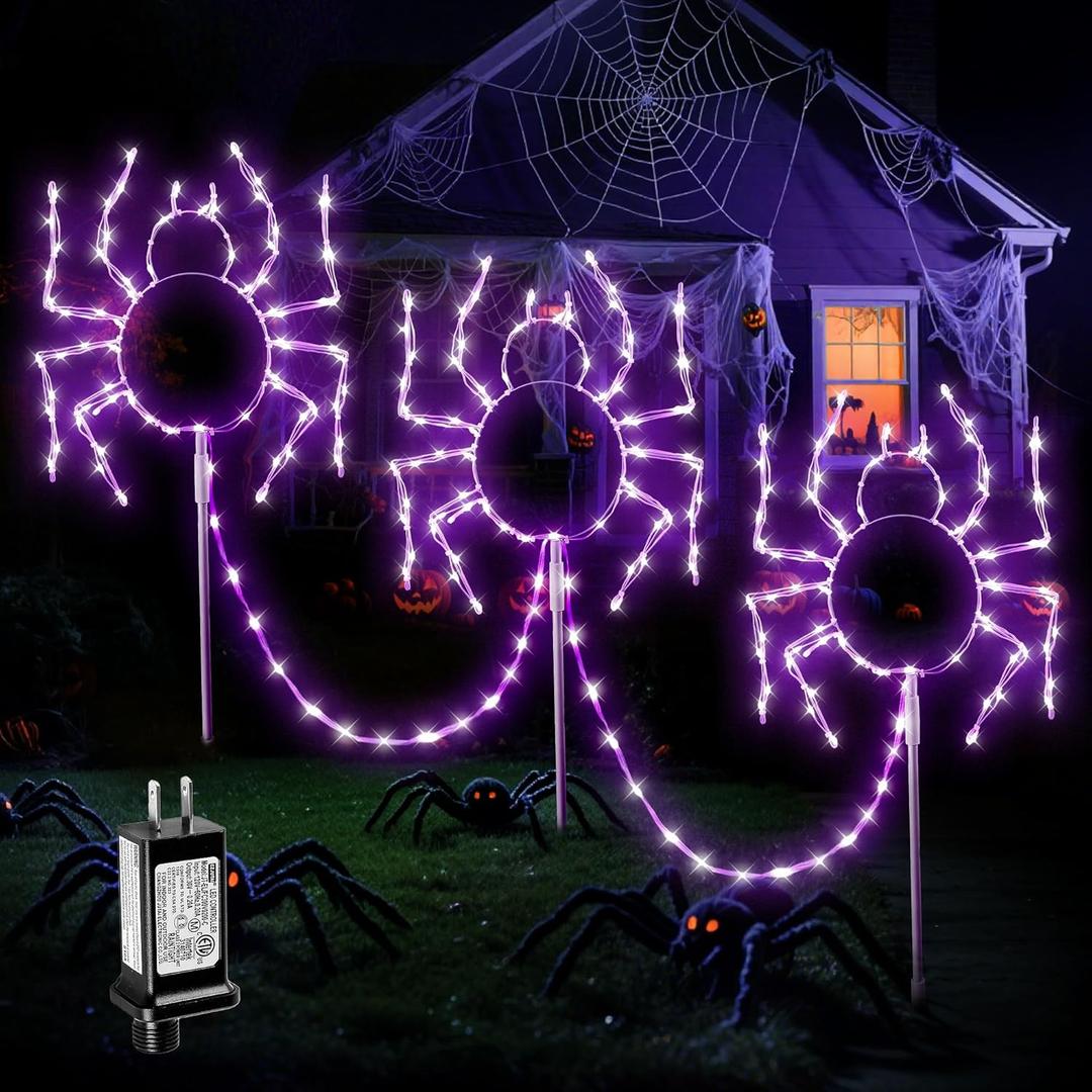 Halloween Spider Pathway Lights, 3 Pack 250 LED Purple Decorations Outdoor Metal Stake Lights, 8 Modes Memory Timer Waterproof Plug in Light String for Walkway Yard Lawn Garden Halloween Dcor