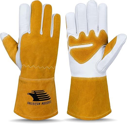Top Grain Leather Cowhide Mig Welding Gloves with Reinforced Palm & Thumb for Extra Protection (14 Inch yellow)