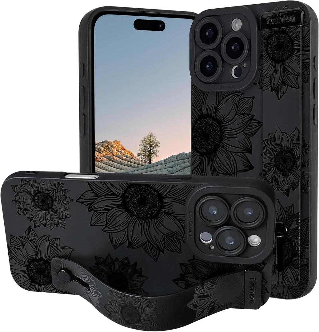 NITITOP Compatible with iPhone 16 Pro Max Case Cute Floral Sunflower for Women Girls with Wrist Adjustable Hand Strap Kickstand Grip Holder Soft TPU Slim Protection Phone Cover - Black