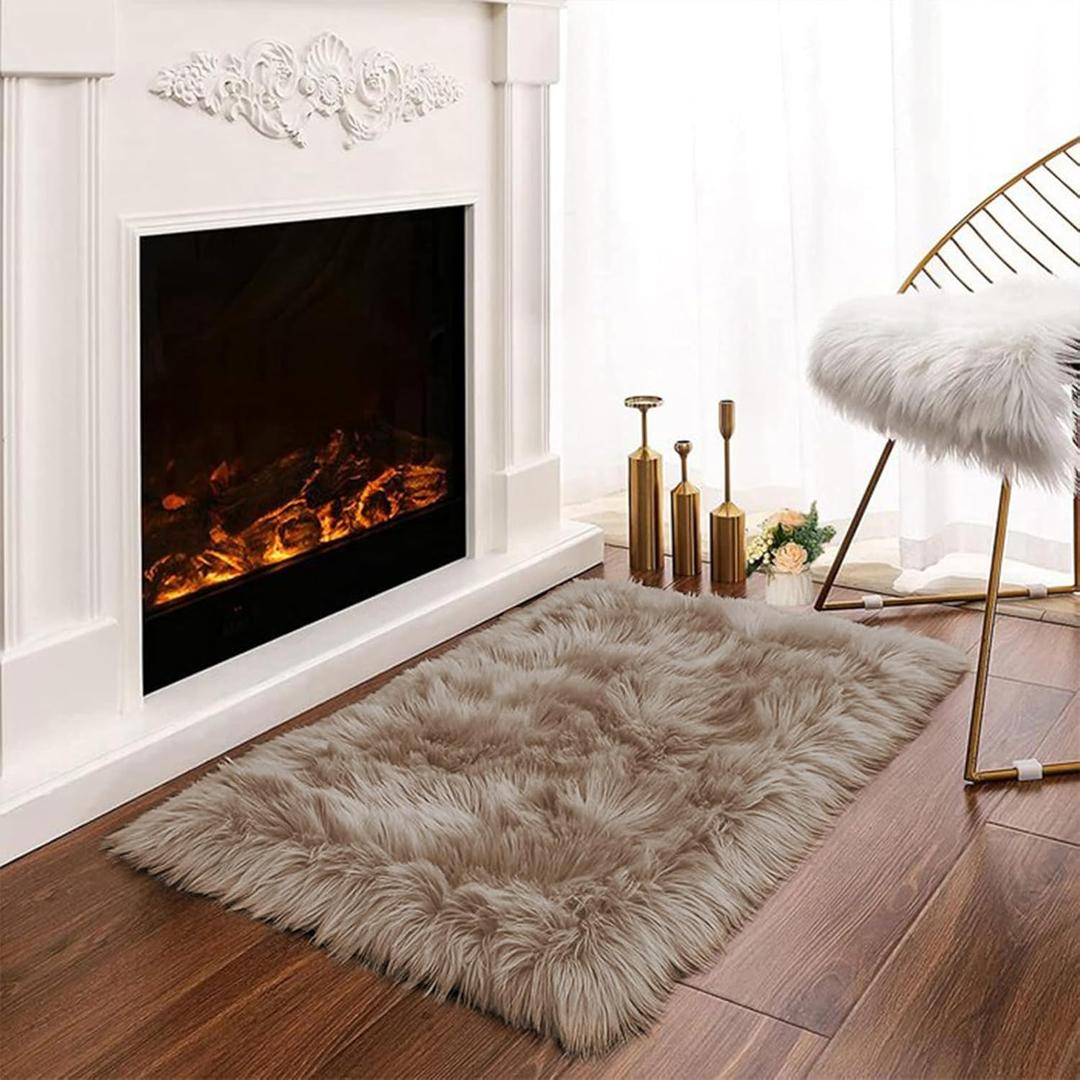Latepis 2x3 Brown Beige Small Faux Fur Rug Fluffy Furry Rugs Throw Rug Washable Shag Plush Soft Rugs for Living Room Bedroom and Dorm