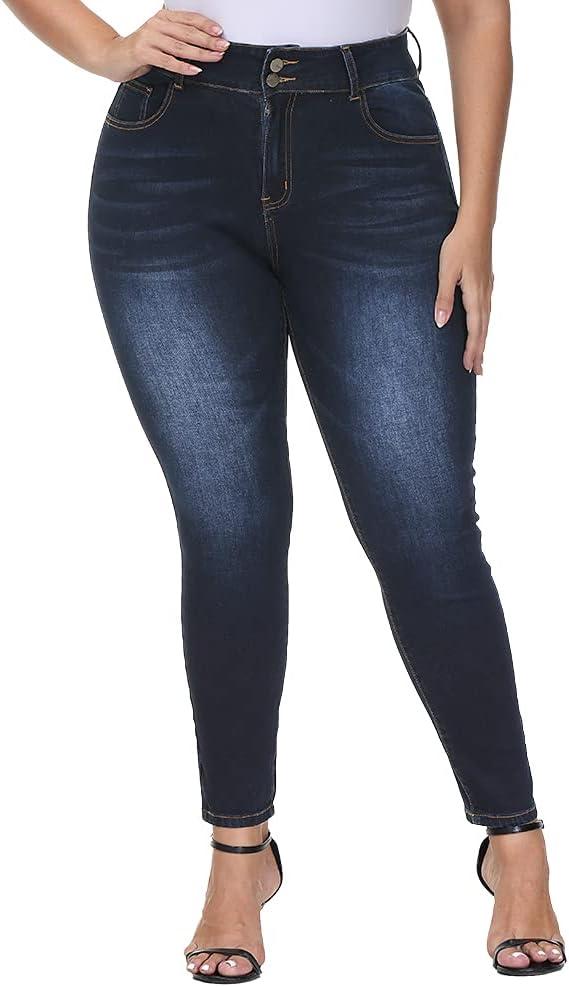 Womens Plus Size Skinny Jeans High Waisted Stretchy Classic Ankle Jean (Dark Blue-780)