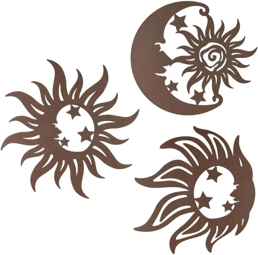 Manortang Metal Wacky Sun Wall Decor, Patio Garden Farmhouse Decor, Wrought Iron Sun Silhouette Wall Sculpture Indoor Outdoor - 9.5 Inch Sun Moon Stars Wall Art