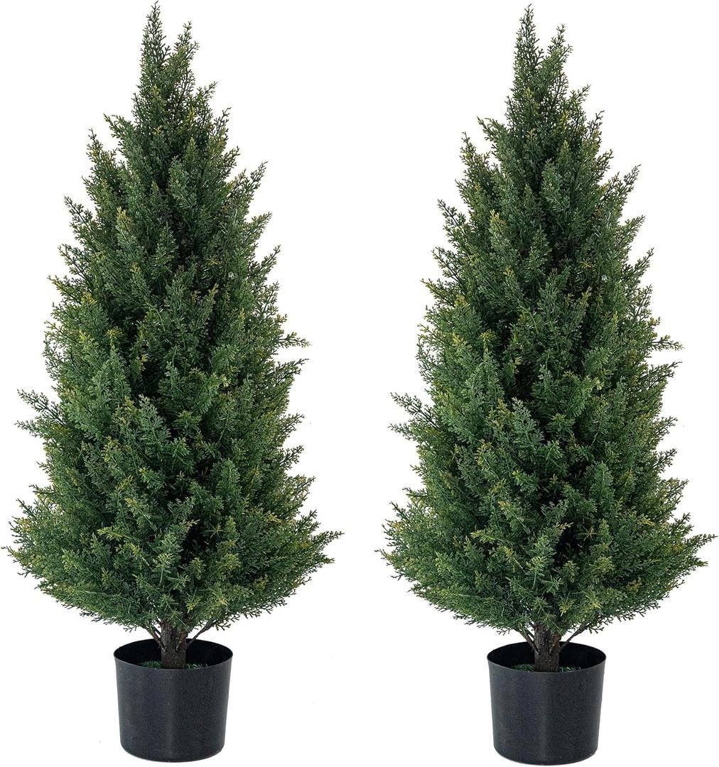 Artificial Topiary Trees 3 Foot Artificial Cedar Trees UV Resistant Potted Plant Set of 2 Faux Bushes Fake Shrubs for Outdoor Indoor Front Porch Garden