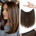 REECHO 12" Invisible Wire Hair Extensions with Thinner Softer Lace Weft Adjustable Size Removable Secure Clips in Short Straight Secret Hairpiece for Women - Dark Brown with Highlights