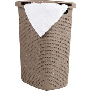 Mind Reader Slim Laundry Hamper with Lid, 60L Tall Clothes Basket, Narrow Tapered Design for Bathrooms, Closets and Laundry Rooms, Plastic, Tan