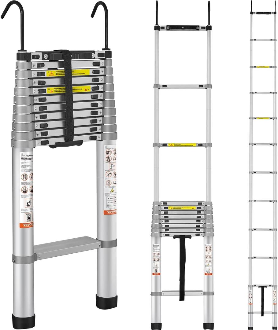 VEVOR Telescoping Ladder, 15 FT Aluminum Collapsible Extension Ladder, 400 LBS Capacity with Non-Slip Feet, Portable Multi-Purpose Compact Ladder for Home, RV, Loft, ANSI Liste