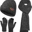 Mens Hat and Gloves Set, Warm Beanie Knit Long Scarf Fleece Lined Winter Hats Touchscreen Gloves for Men (Style A-grey Black)