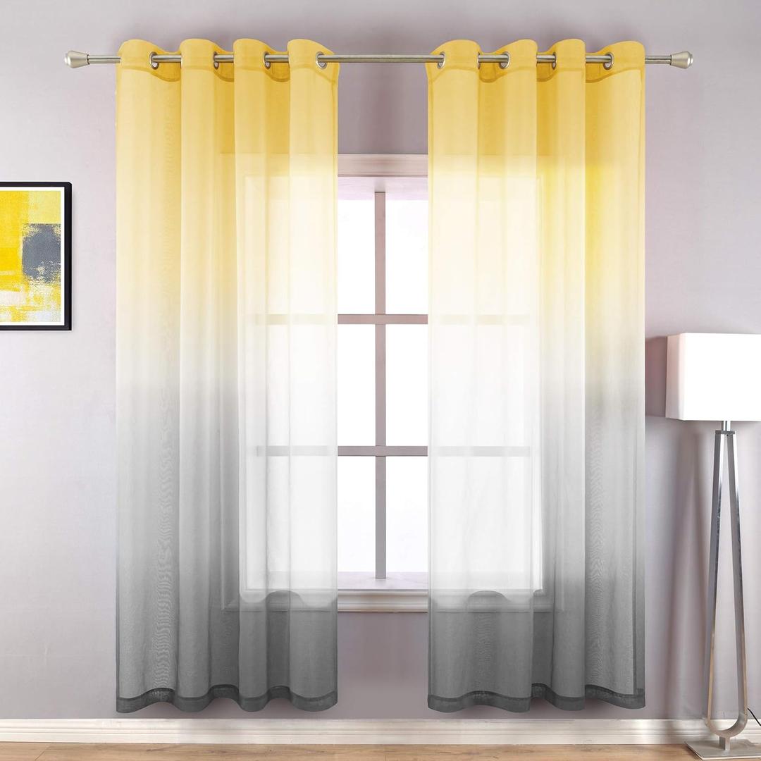 KOUFALL Yellow Sheer Curtains 63 Inch Length for Dining Room,Ombre Rainbow Summer Curtains for Living Room Decor Bedroom with Grommet, Yellow and Grey (52"W x 63"L (Pack of 2), Yellow and Gray)