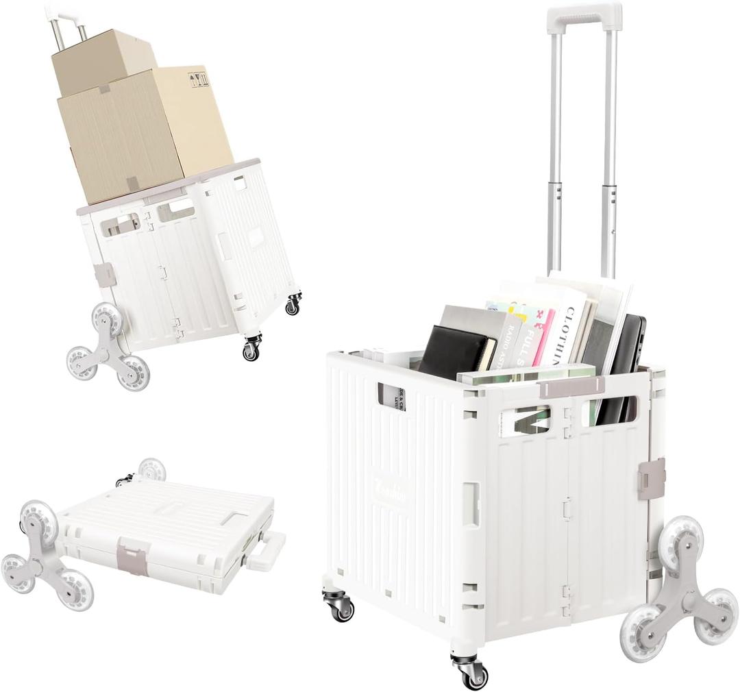 Collapsible Rolling Crate for Stair Climbing : Rolling Cart for Shopping Teacher Laundry (Milky White)