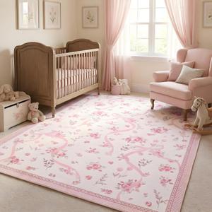GarveeHome Pink and White Bow Rugs for Bedroom Girls, 4x6 Rug for Living Room with Soft Low Pile, Floral Washable Pink Area Rug for Nursery Kids Playroom Dorm Office Carpet Bow Decor