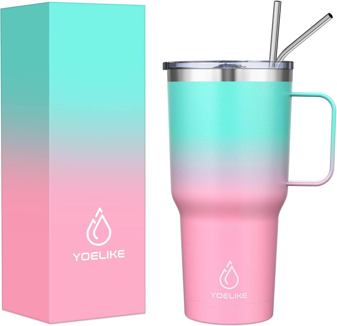 yoelike 32OZ Tumbler With Handle, Stainless Steel Vacuum Insulated Coffee Mug Cup for Travel, Home, Office, Indoor and Outdoor, Dishwasher Safe - Keep Cold 24hrs And Hot 12hrs(Bubble Gum)